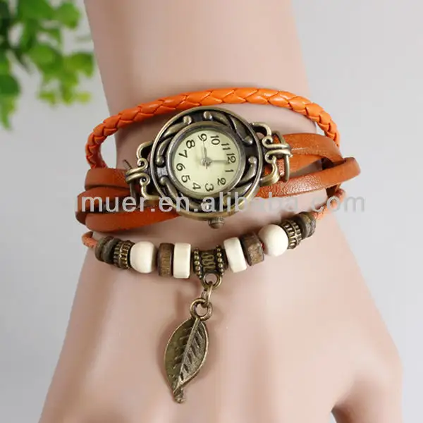 New Arival Fashion vintage leather quartz watch charm watch leaf pandent lady watch