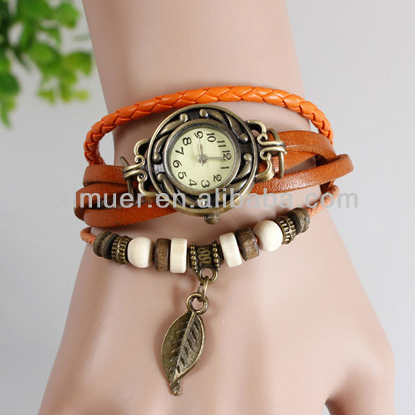 Baru Arival Fashion Vintage Kulit QUARTZ Watch Charm Watch Daun Pandent Wanita Watch