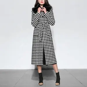 OEM Long Houndstooth Coat Fashion Fur Collar Outerwear Winter Beading Women Wool Coat