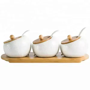 Macchiato modello di forma rotonda inclinato bianco puro unico cucina zucchero pepe scatola metallica di ceramica set con coperchi di legno