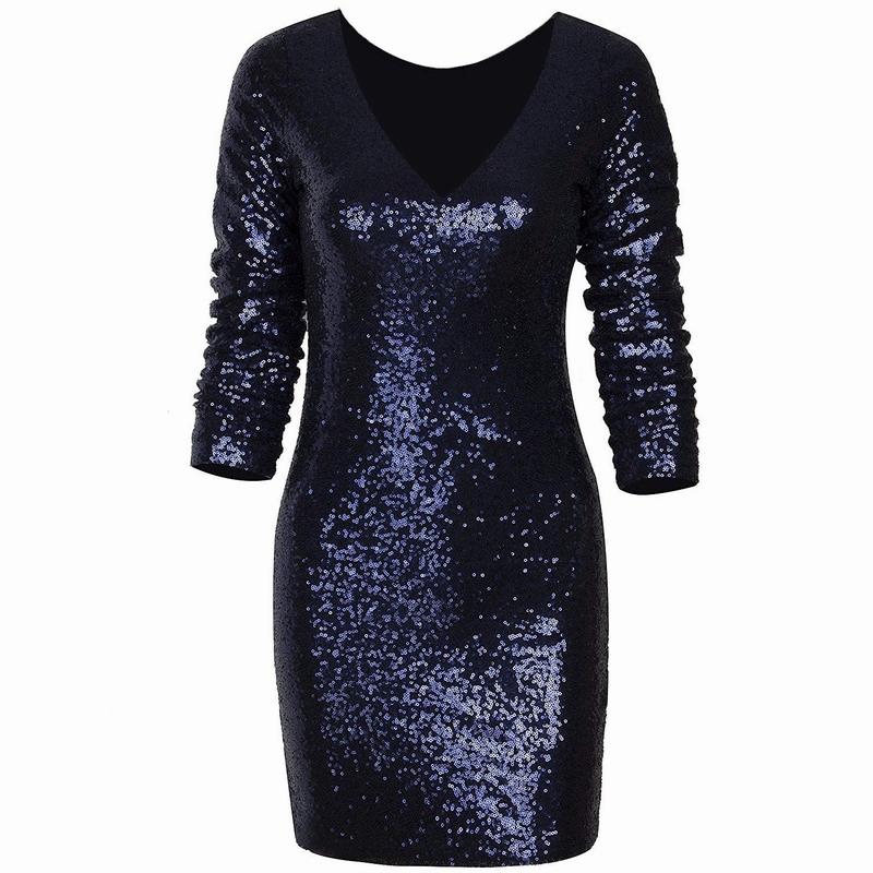 Women's Sparkle Glitzy Glam Sequin Long Sleeve Covered Deep-V Mini Party  Club Dress