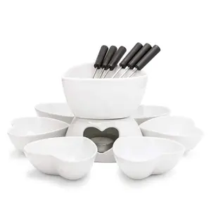 Klassieke Zuiver Wit Hart Vorm Keramische Chocolade Fondue Set