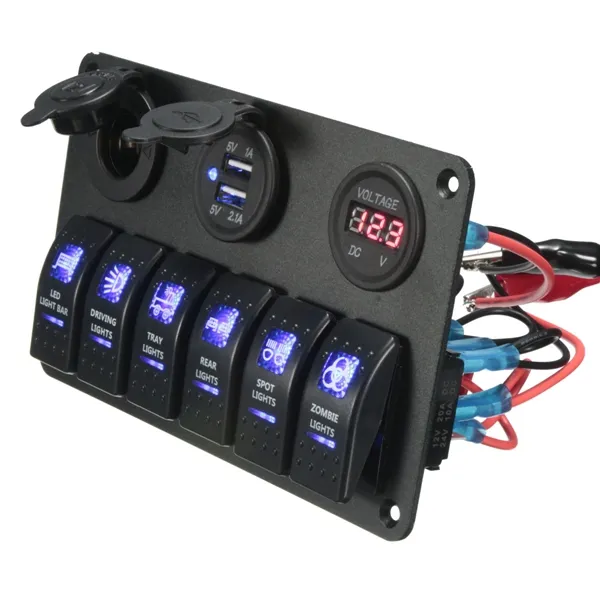 12V 24V 6 Gang Rocker Switch Panel Dual USB Waterproof Circuit Blue LED Car Marine Boat Control Switch