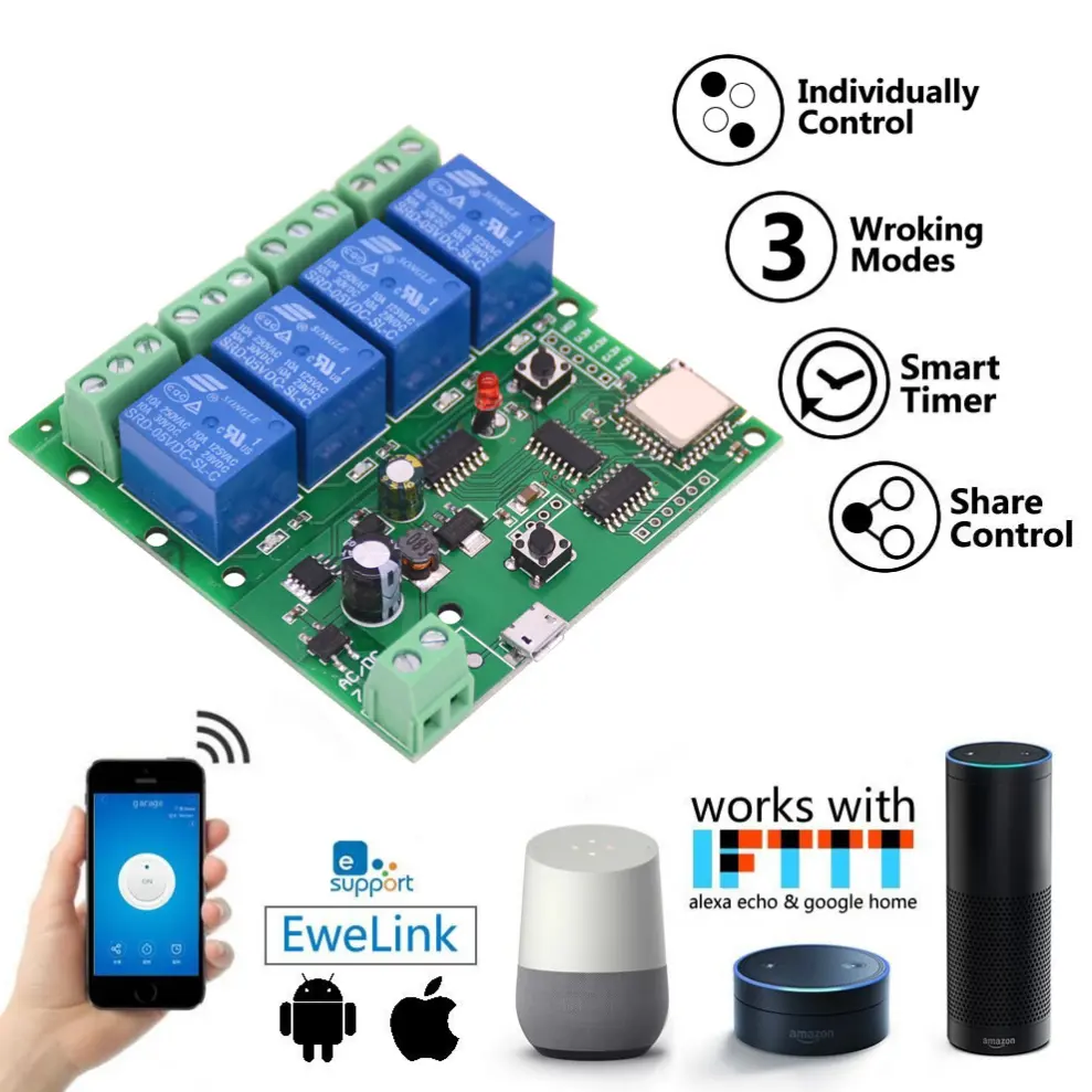 Lonten DC5V 4 Channel 10A relay module wifi Wireless Delay Relay 4Way Module APP Remote Control for Smart Home Android IOS
