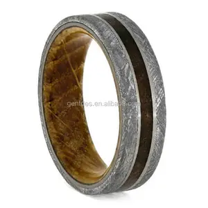 Gentdes Jewelry 8mm Flat Men Wedding Band With Meteorite And Whiskey Barrel Wood Ring With Petrified Wood