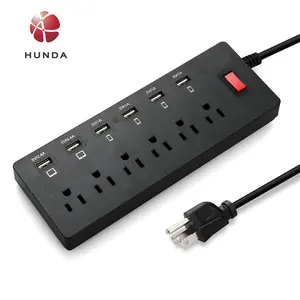 6 Outlet Kabel Ekstensi Daya USB Cerdas, Pelindung Setrip Listrik USB Cerdas, Port Pengisian Daya dengan Kabel Panjang Ekstensi Tugas Berat 1625W/13A, 6 Outlet