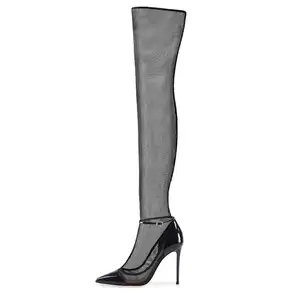 Moda feminina sexy transparente lace malha ponto couro envernizado stiletto toe sobre o joelho botas longas