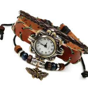 Fancy genuine leather watch bracelet with butterfly charms