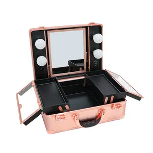 Aluminum Cosmetic Storage Organizer Professional Extendable Makeup Case Artist with Light and Mirror