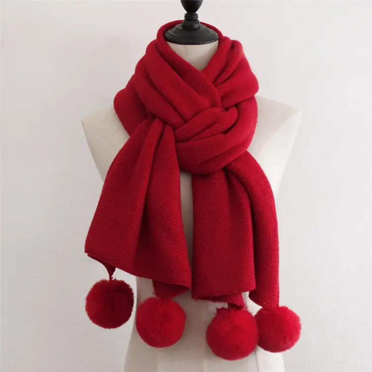 Bufanda de punto con pompones mezcla de Color largo invierno de las mujeres pompón bufanda
