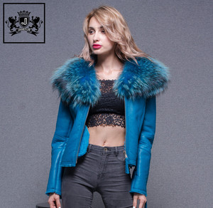 2017 Belle Gigger Raton Laveur Col De Fourrure <span class=keywords><strong>Veste</strong></span> Manteau En Peau de Mouton Femmes Véritable Cuir de Mouton <span class=keywords><strong>Veste</strong></span> Pour Dame - Product Image 4