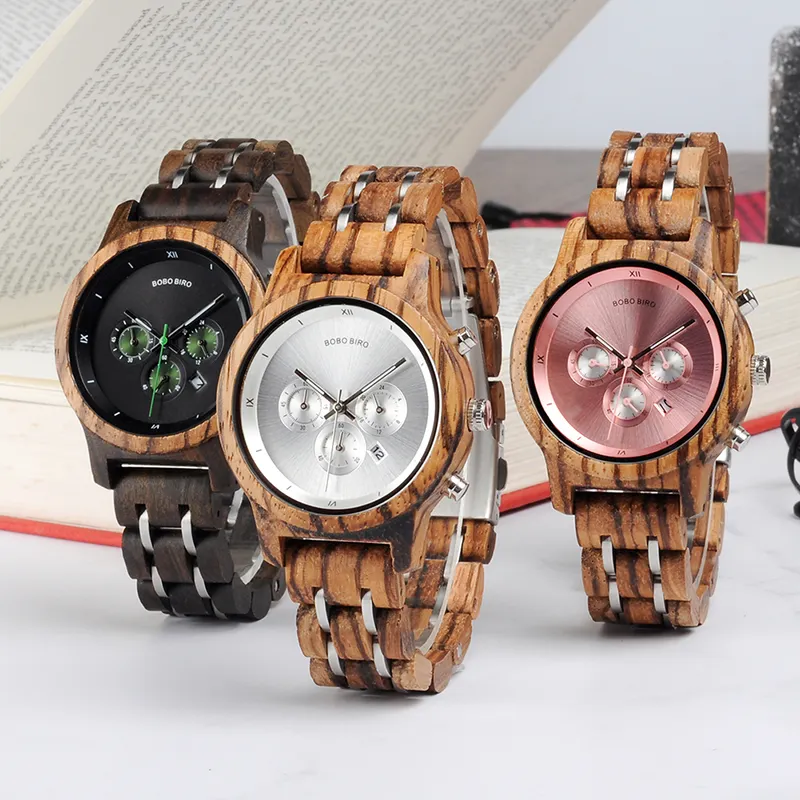 BOBO BIRD Vintage Women Chronograph Wooden Hand Made Watches Top Brand Luxury Stainless Steel Watch In Wood Box