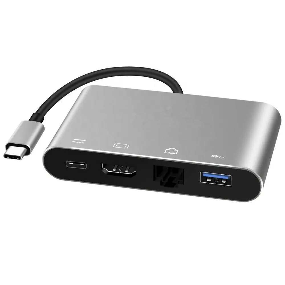 4 IN 1 Type C Hub with HDMI, RJ45 Ethernet, USB3.0, PD charging for Mabbook Pro, Nintendo, Samsung S8 and more