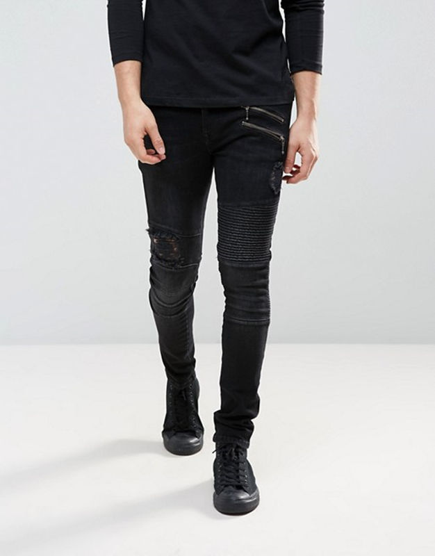 New Style Fashion Black Biker Scratch Jeans Pent Men Skinny Ripped Bulk  Wholesale Black Men's Jeans