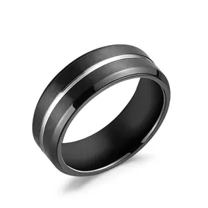 8Mm Ip Black Plated Gegroefde Modieuze Wolfraam Stalen Ring Heren Carbide Tungsten Ring