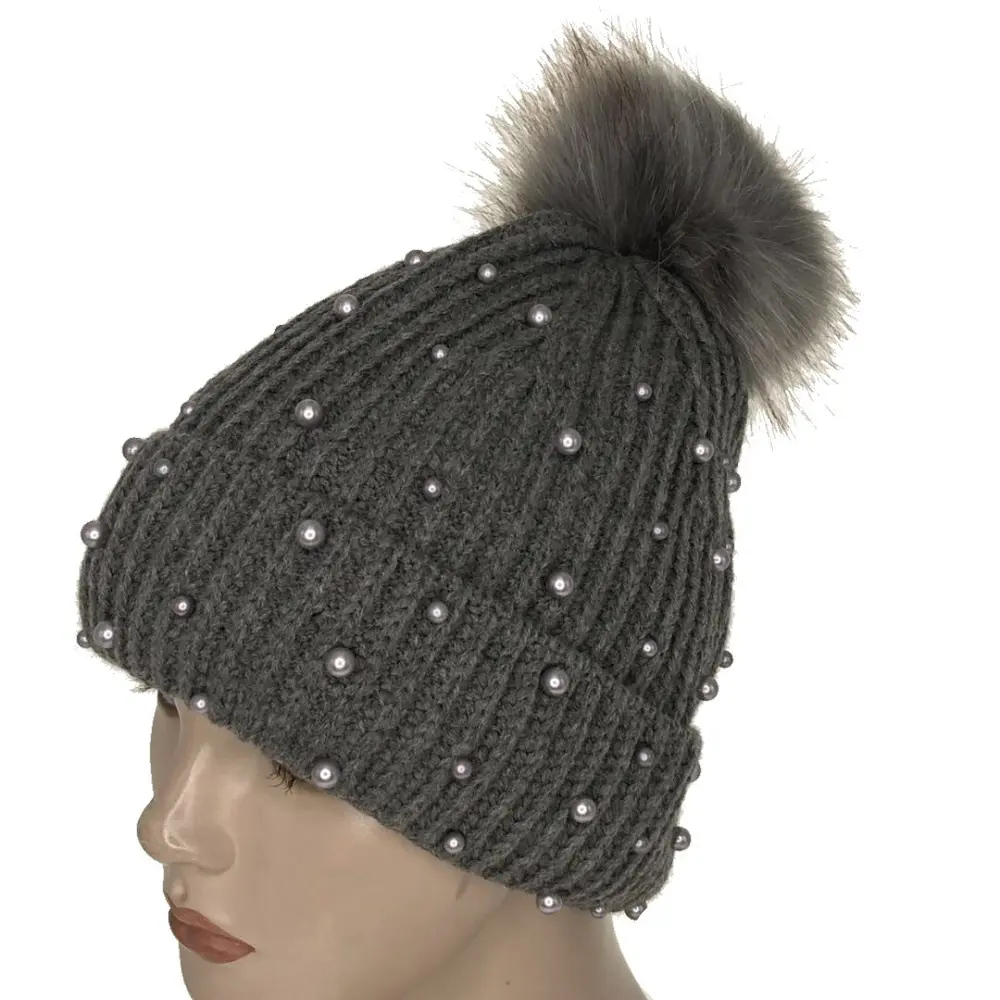 Low Price Lovely With Pompom Ball Hat 100% Acrylic Winter Knit Hat Grey Beanie Hats For Kids And Women