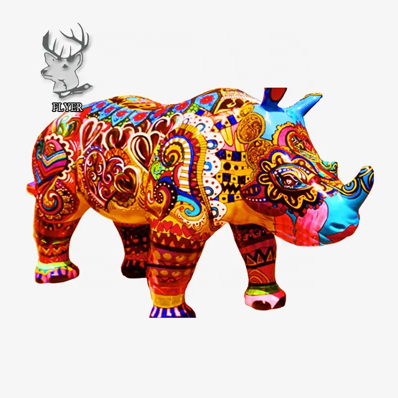 Hand Made Kleurrijke Levensechte Fiberglass Rhino Standbeeld Te Koop