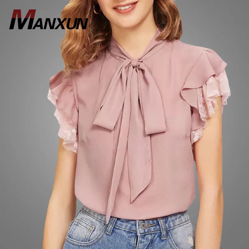 Summer Fashion Women Pleated Front Self Tie Blouses High Neck Office Lady Chiffon Blouse Tops