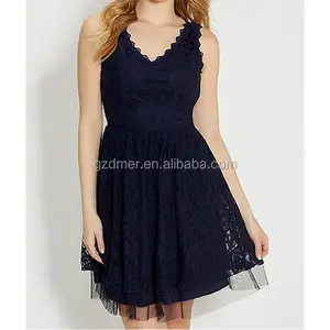 2016 Elegant navy blue color women sleeveless Lace party dress