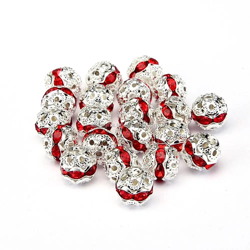 Joli 8 mm Couleur Rouge Métal Style #1 Cristal Strass En Forme De Boule Perles D'espacement En Argent Plaqué 20 pièces Par Sac