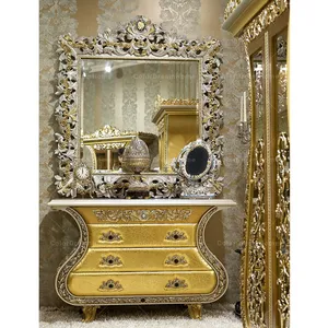 意大利灿烂的金色油漆化妆梳妆台与镜子经典硬木雕刻梳妆台