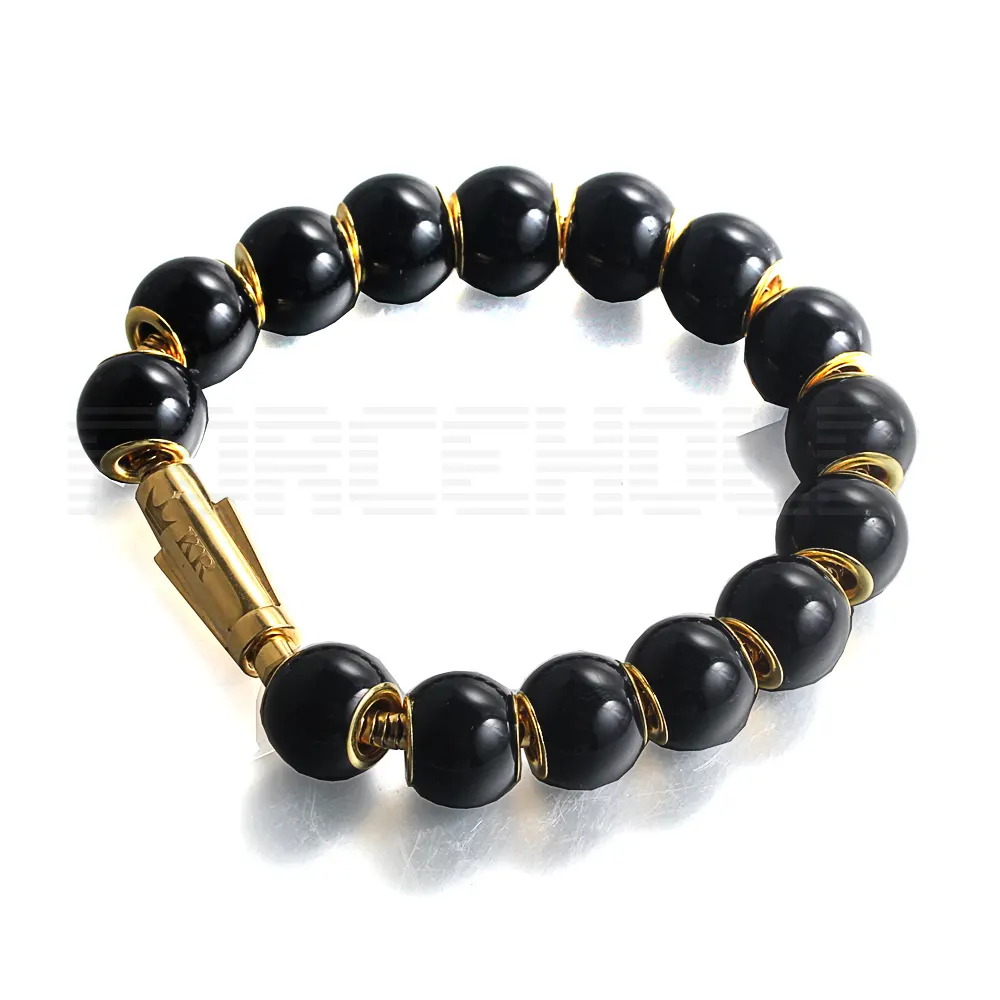 Customized Polished Gold Bones Chain Black Agate Stones Chalcedony Bead Bracelets