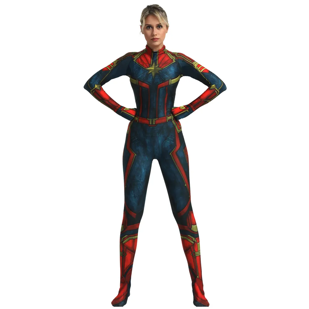 Özel Yapılmış Kaptan-Marvel Cosplay Kostüm Spandex Baskılı Kaptan Marvel Süper Kahraman Zentai Suit Cadılar Bayramı Bodysuit Kostümleri