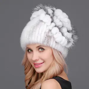 Grosir rusia topi wanita-Topi Rajut Wanita Bulu Rusia Mink Asli Mode Baru dengan Atasan Bola Bulu Rubah Perak