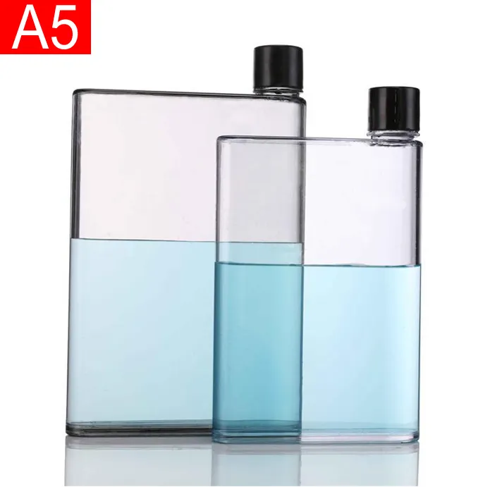 Hot sale BPA free plastic notebook bottle clear acrylic A5 A6 380/450ml water-proof flat bottle