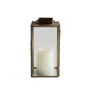 Set of 2 Metal Copper Brass Glass Gold Floor Landscape Square LED Lamp Antique candle Lantern