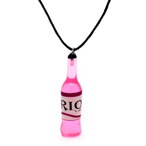 Stylish personalized gift cocktail bottle resin pendant women creative leather rope bottle strange necklace pendant