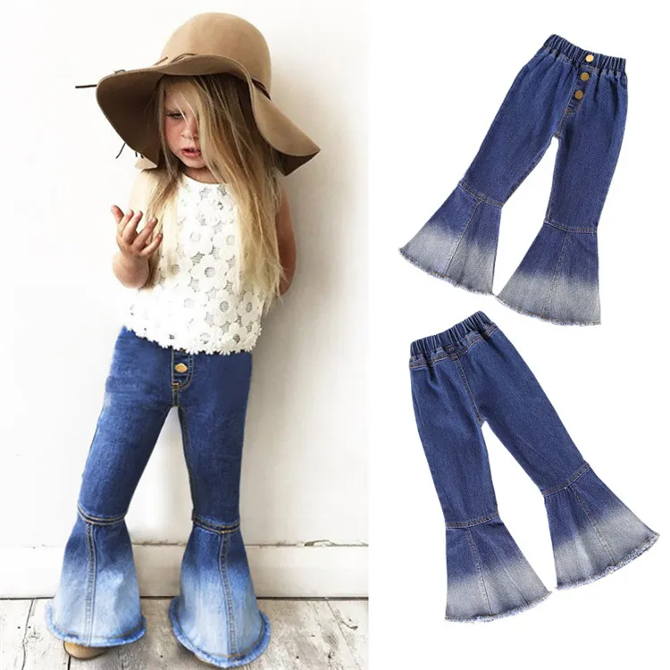 Jeans de moda de color de los niños Bugle pantalones niñas pantalones de campana Denim Pantalón