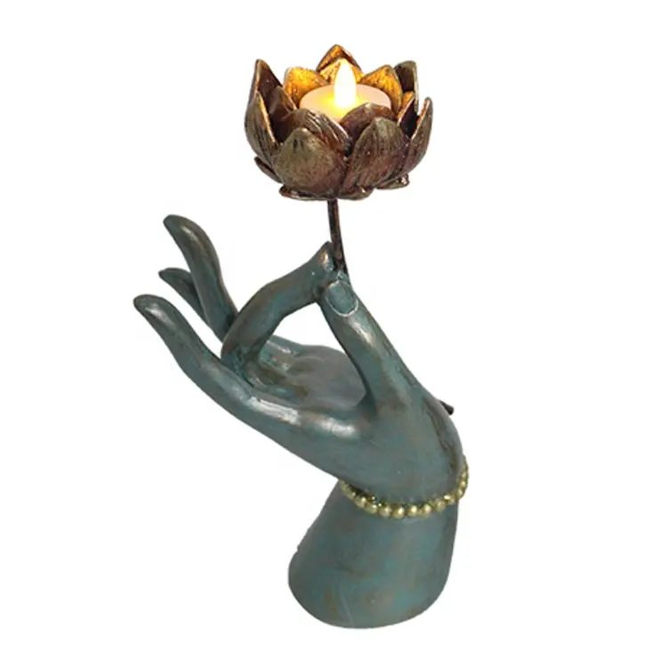 Disesuaikan Feng Shui Buatan Tangan Lotus Kwan-Yin Buddha Tangan Figurine Kerajinan Resin Rumah Dekorasi Meja dengan LED T- cahaya Lilin