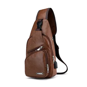 New MenのCrossbody Bags Male USB Chest Bag PU Leather Shoulder Bags Diagonal Package Back Pack Travel