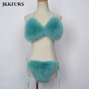 2022 Jancoco High Quality Customized Color Real Fox Fur Bra Beach Fashion Show Sexy Bikini