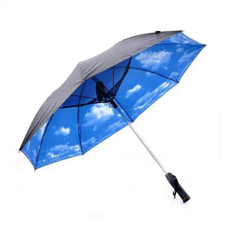 Nieuwe Uitvinding Nylon Fanbrella Rechte Paraplu Met Ventilator En Water Stof