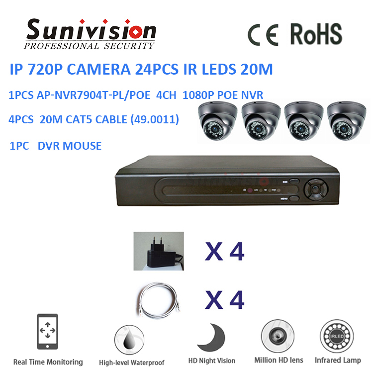 24pcs LED IR 20 m 720p kit caméra IP cctv 1080P POE kit de 4 canaux NVR