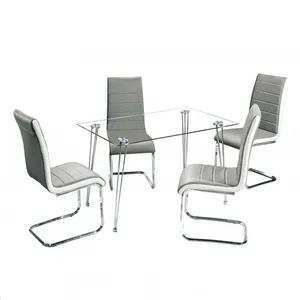 Modern 8ミリメートルTempered Glass 10ミリメートルRound Steel Chrome Dining Table SetとPU Leather Legs Dining Chair