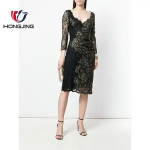 lady's v-neck lace dress Fully lined 3/4 sleeves pullover construction straight hem knee length tighten waist night sexy dress