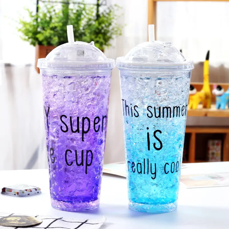 Zogift夏のホット販売ビーチ冷凍ジェルアイスクリームカップ、16オンス卸売再利用可能なカスタムロゴプラスチックカップ蓋とストロー付き