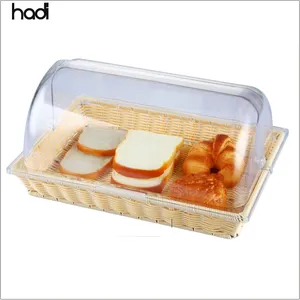 批发廉价中国餐饮竹食品服务篮长方形自助餐面包篮与塑料盖