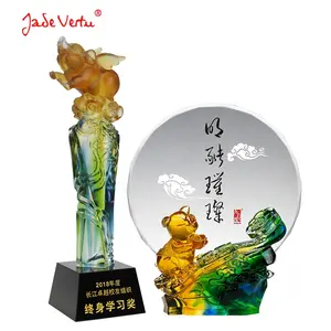 Jadevertu cristal do zodíaco chinês liulino, troféu em forma de porco e placa de award para decoração da cerimônia de presente