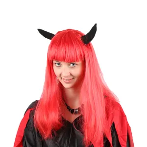 fashion party long hair wigs sale online red wig costume with black horns