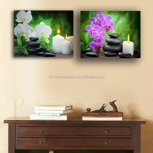 Levou Relaxante spa zen pedras com velas de Orquídeas Flores da arte da lona retrato da arte da parede de luz para cima pintura enquadrada impressão casa decoração