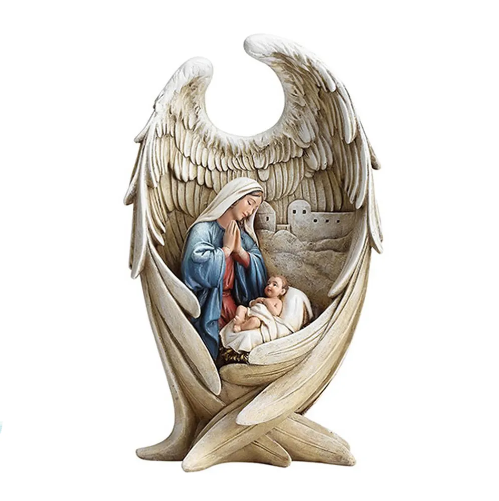 Mãe Maria eo Menino Jesus em Anjo de Asa Resina Natividade Estátua Estatueta