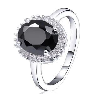 POLIVA 925 Sterling Siver Ring, Ladies Black Gemstone Crystal CZ Eternity Bridal Band Rings