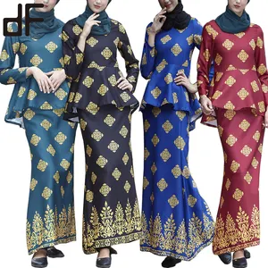 热卖民族妇女服装长穆斯林时尚礼服西装绉纱kebaya印花穆斯林baju kurung现代马来西亚