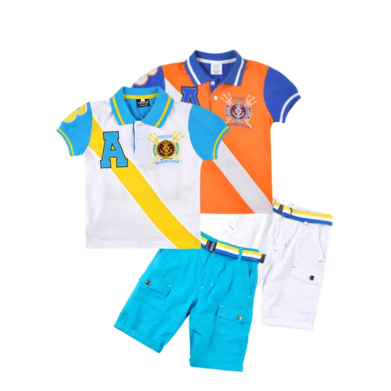Set pakaian anak laki-laki, setelan baju katun kaus polo gaya alfabet