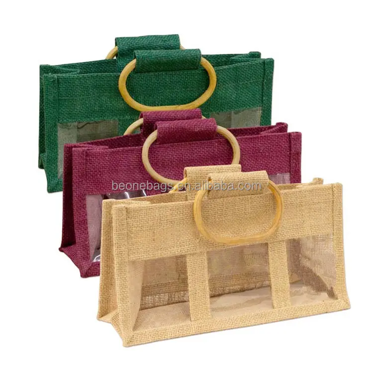 Angepasst jute tote 3 flasche wein tasche mit transparent pvc fenster