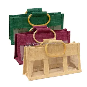 Customized jute tote 3 bottle wine bag with transparent pvc window